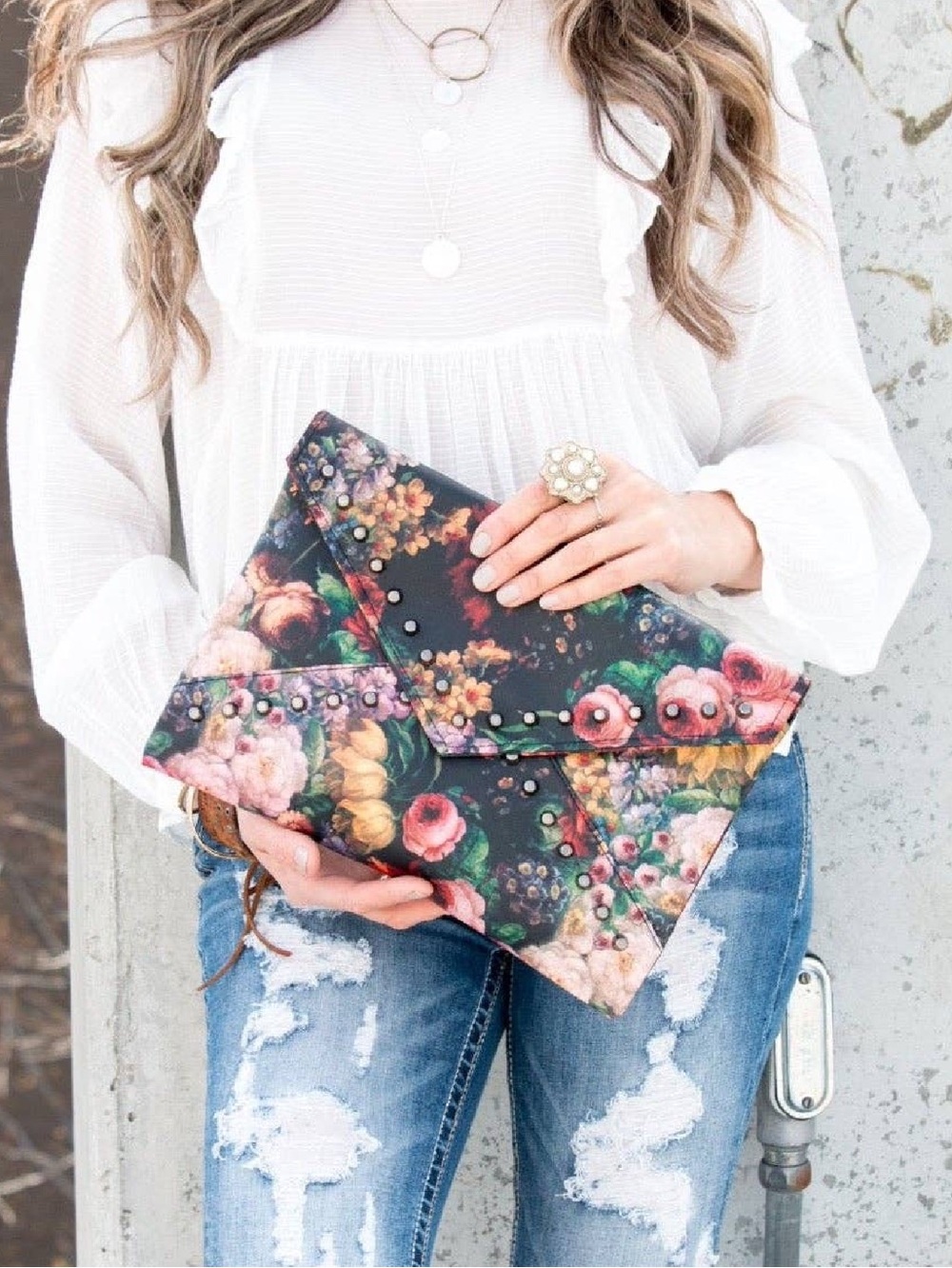BOHO Floral Stud Envelope Clutch - Black Floral ♥️♥️